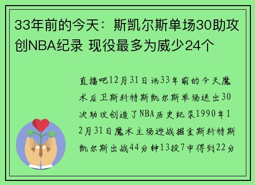 33年前的今天：斯凯尔斯单场30助攻创NBA纪录 现役最多为威少24个